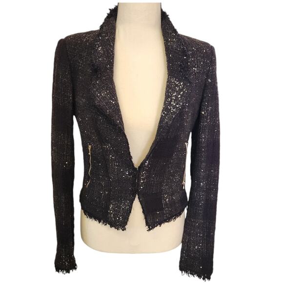 MSGM Black Sparkle Luxury Tweed Fringe Cropped Blazer Jacket Made Italy Size 4 - Picture 1 of 11